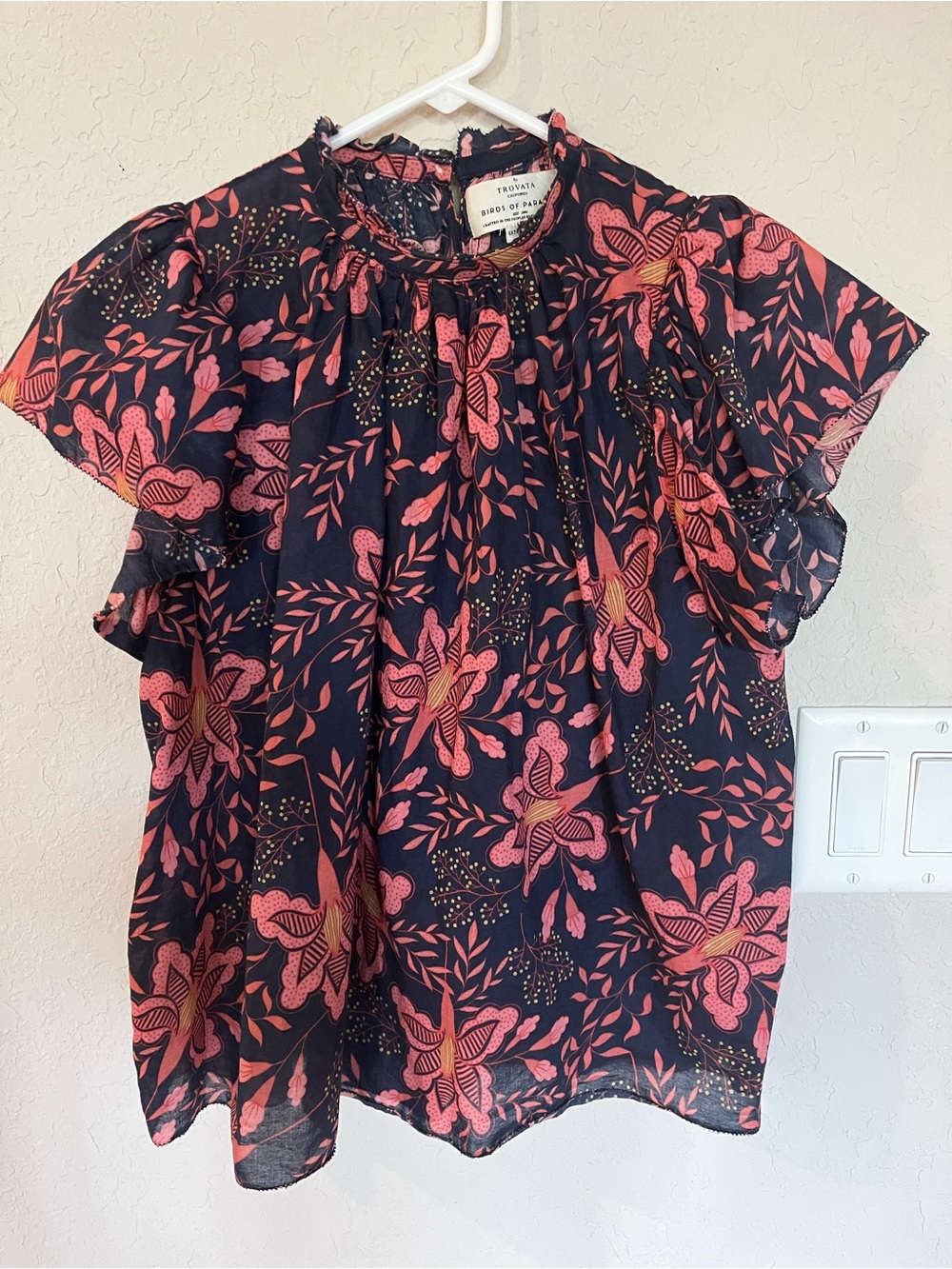 Trovata Birds of Paradise Carla Blouse (Navy Blouse with Pink Floral Print)